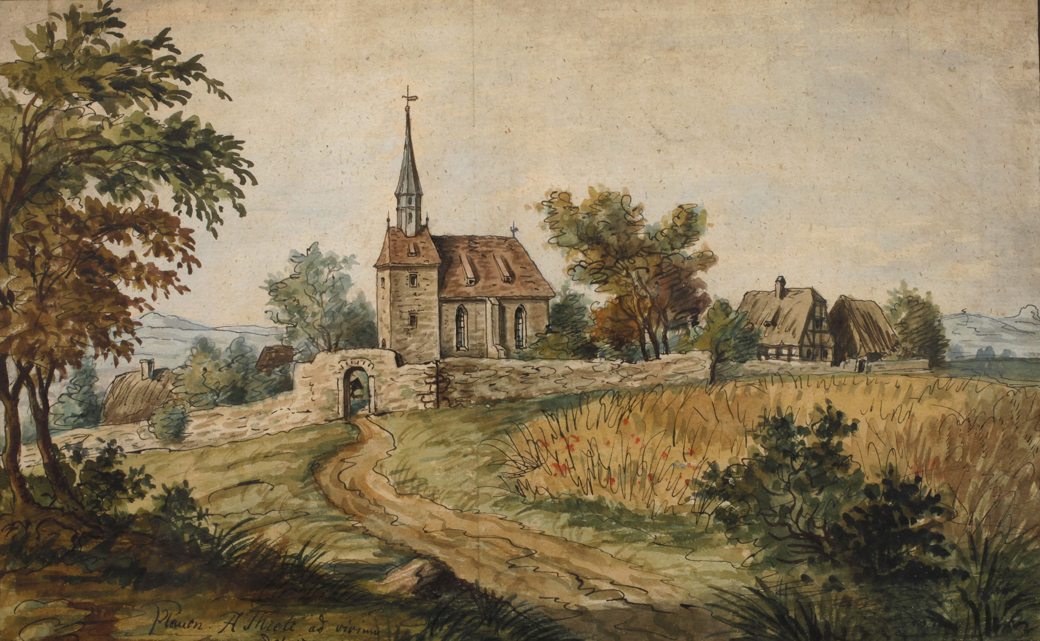 Artwork by Alexander Thiele, Kirche in Plauen bei Dresden, Made of Mischtechnik (aquarellierte Federzeichnung) auf Büttenpapier