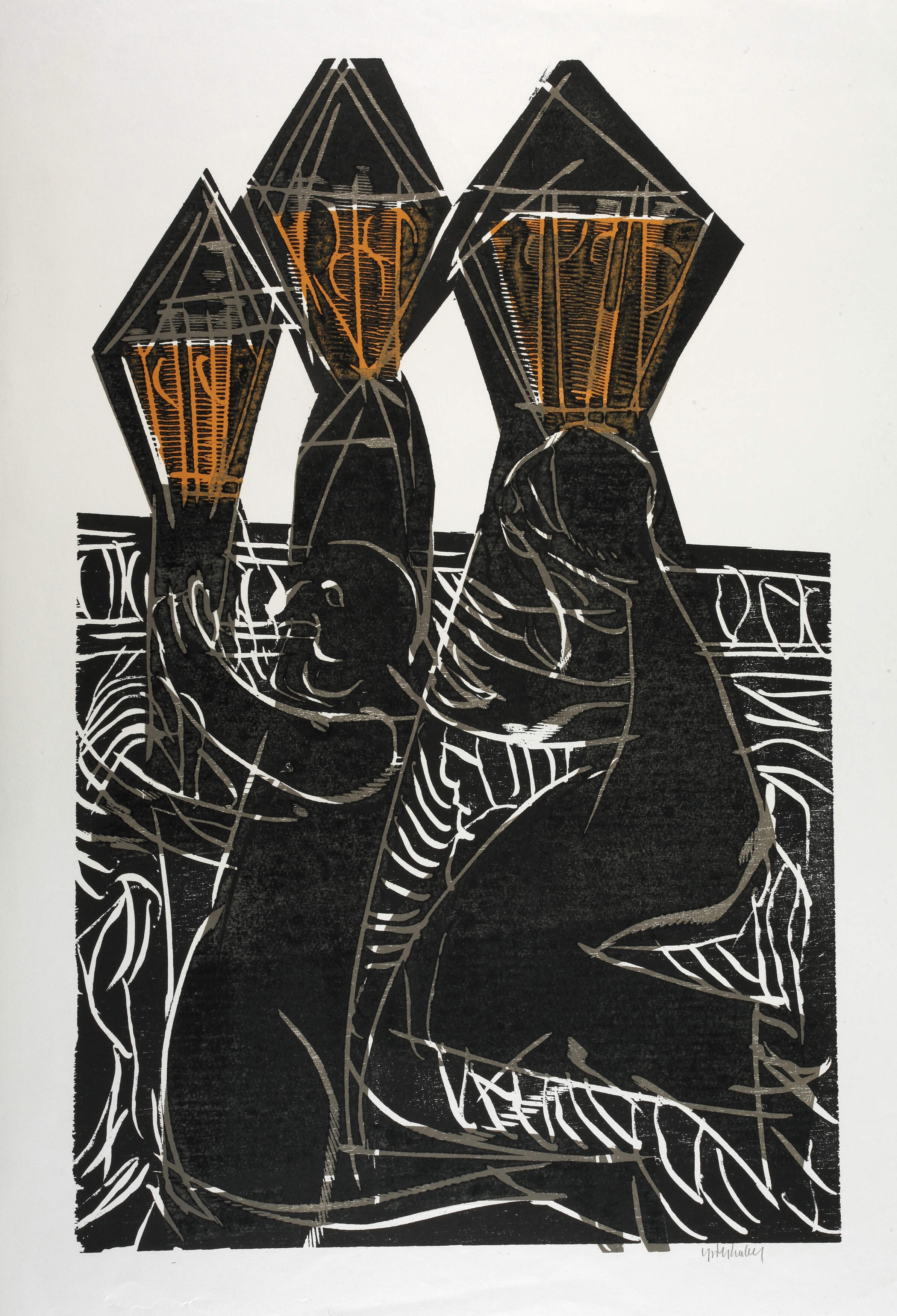 Artwork by HAP  Grieshaber, Trauer am Rhein, Made of color woodcut