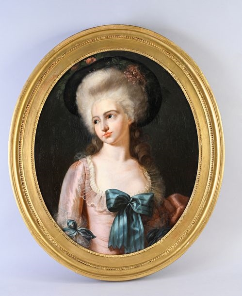 Portrait of a young elegant woman in a pink satin dress with a blue striped bow on her chest - French School, 18th Century