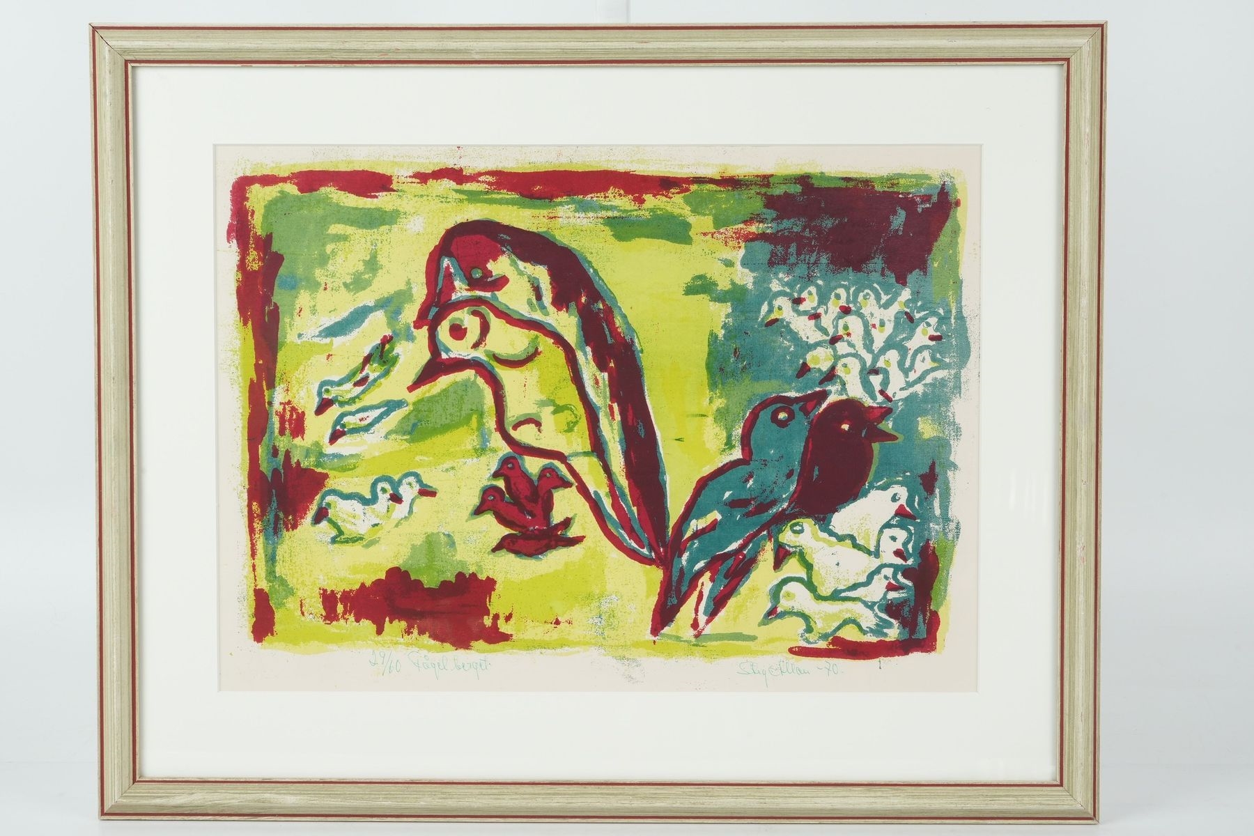 Artwork by Allan Stig, M612. STIG ALLAN, grafiskt blad, "Fågelberget