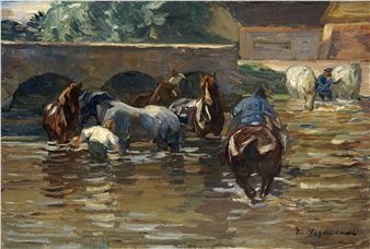 Pferdeschwemme an der Brücke (Große Pferde - Emanuel Hegenbarth