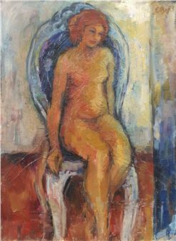 Weiblicher Akt auf blauem Stuhl - Elly Reichel