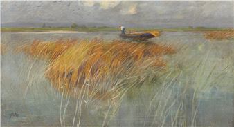Lagoon landscape with character in boat - Giuseppe Miceu
