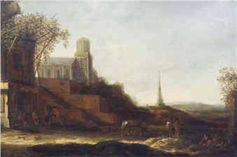 Landschap met figuren bij een kerk - Balthasar van der Veen
