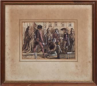 A framed historical scene depicting a group of figures in period clothing gathered around a central seated figure.