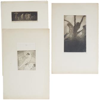 A collection of four framed etchings featuring dynamic human figures in monochrome tones.