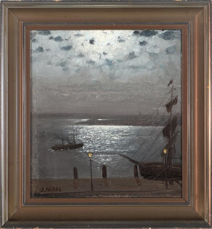 Artwork by Jacob Nöbbe, Moonlight over Flensburg Fjord, Made of Oil on canvas laid on board