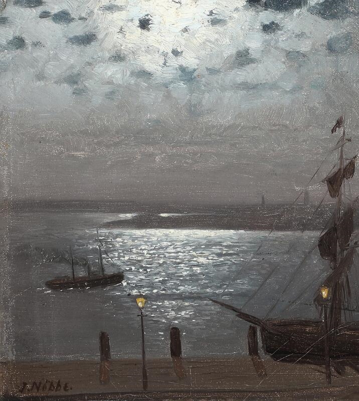 Artwork by Jacob Nöbbe, Moonlight over Flensburg Fjord, Made of Oil on canvas laid on board