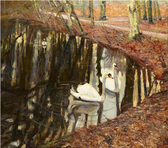 Impressionist pond landscape with swans - Gertrud Wurmb