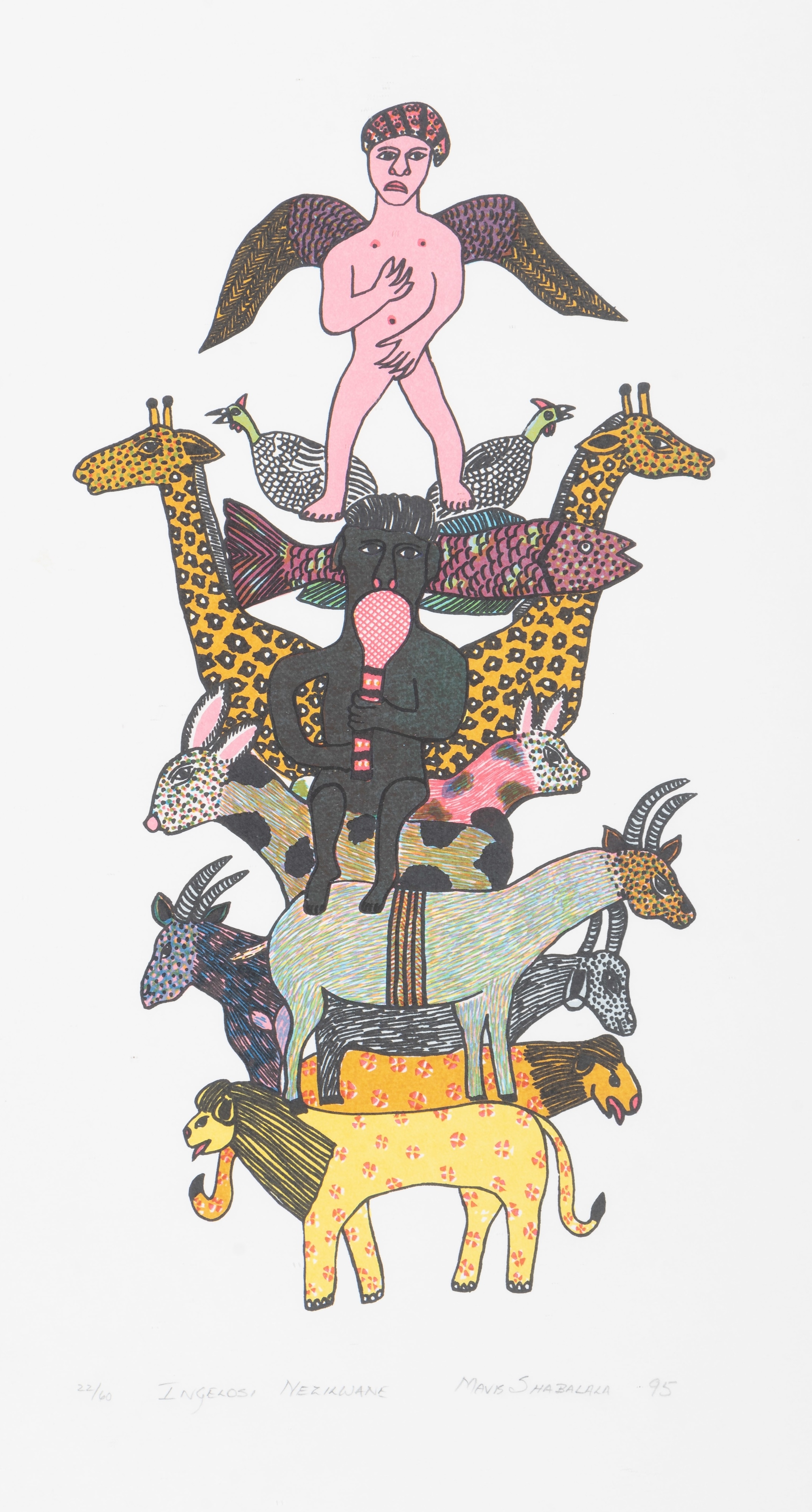 Artwork by Mavis Shabalala, Ingelosi Nezilwane, Made of colour screenprint