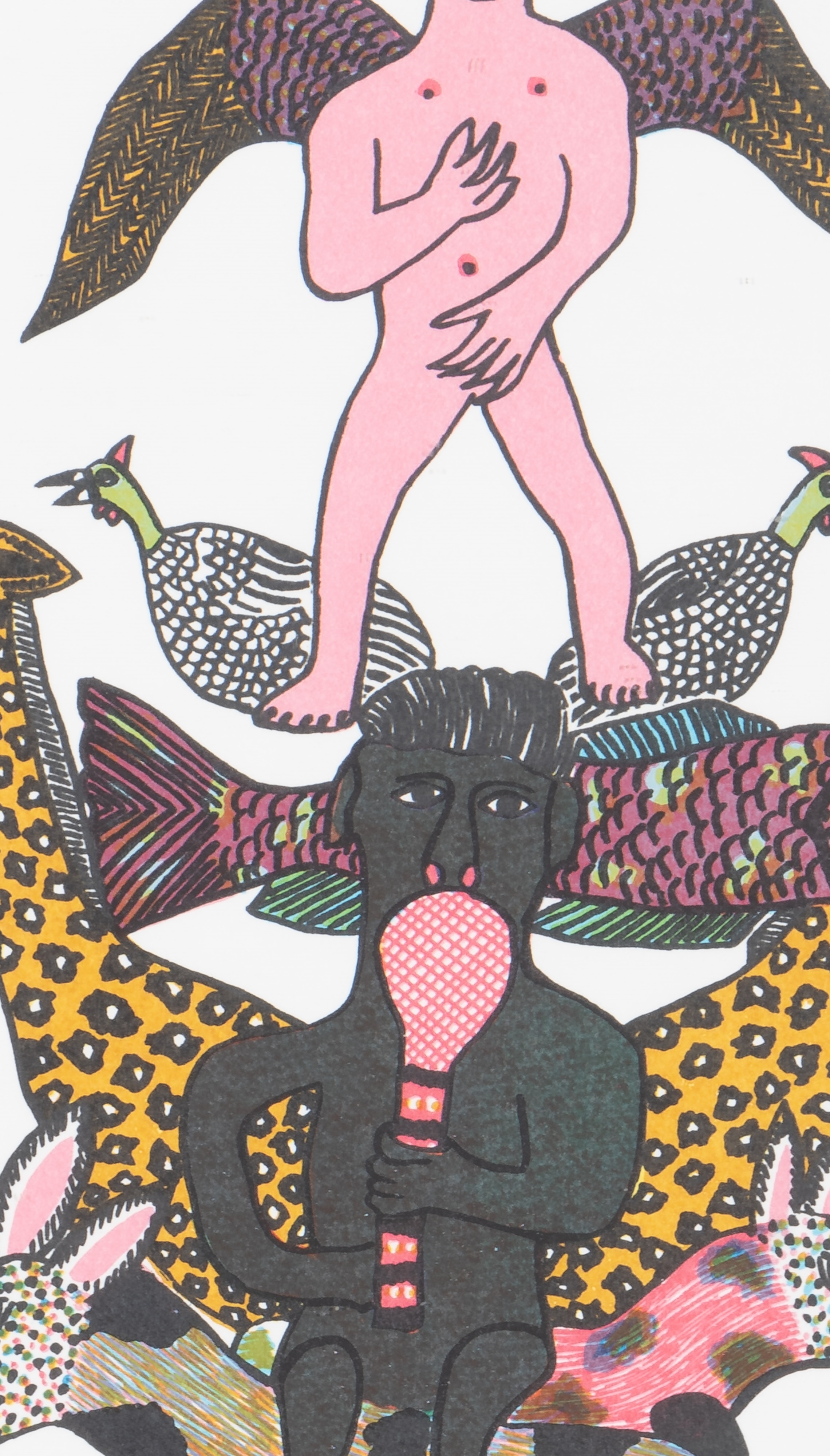 Artwork by Mavis Shabalala, Ingelosi Nezilwane, Made of colour screenprint