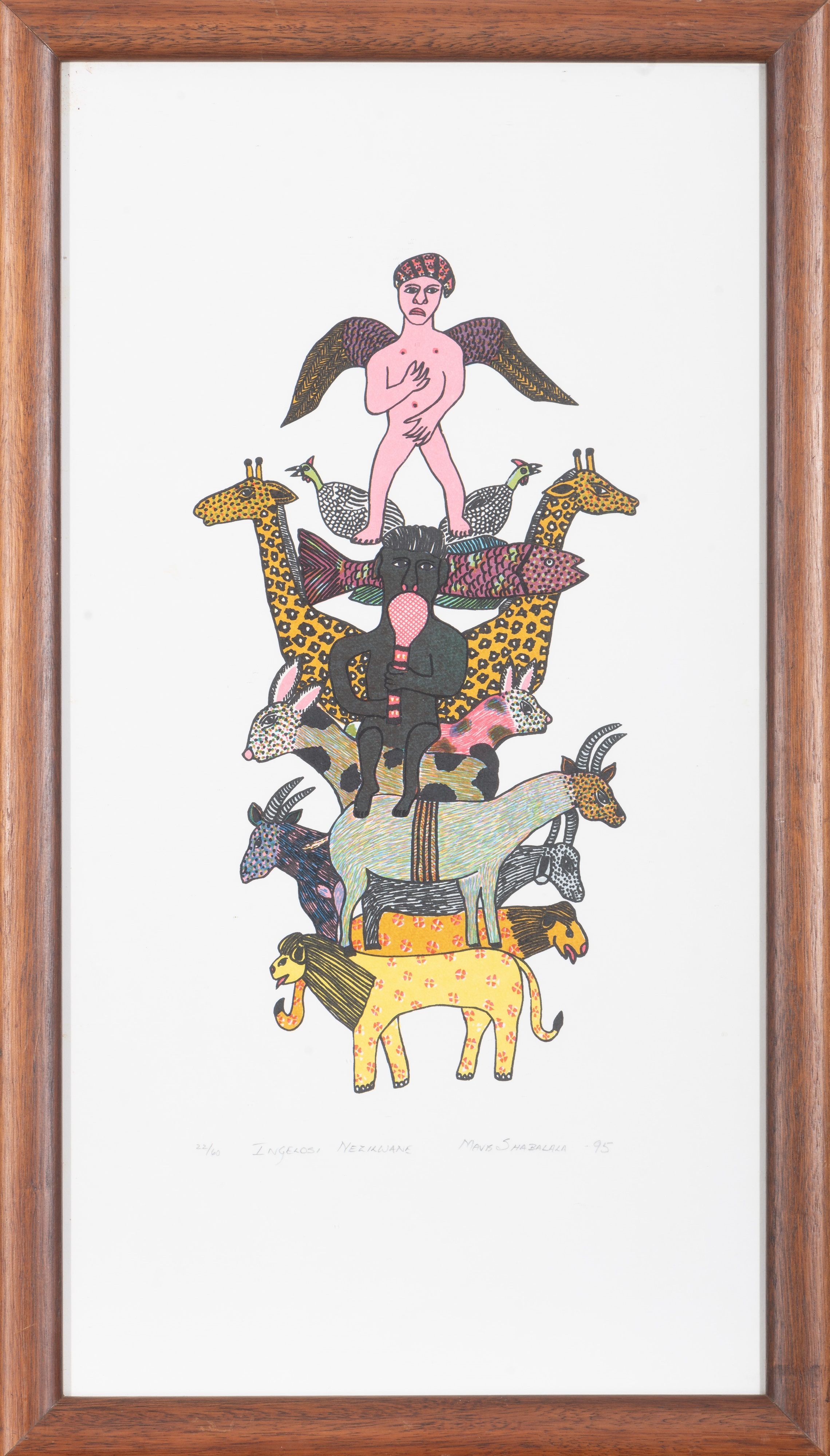 Artwork by Mavis Shabalala, Ingelosi Nezilwane, Made of colour screenprint