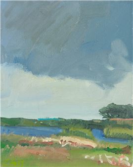 A landscape painting of a river scene under a dramatic sky.