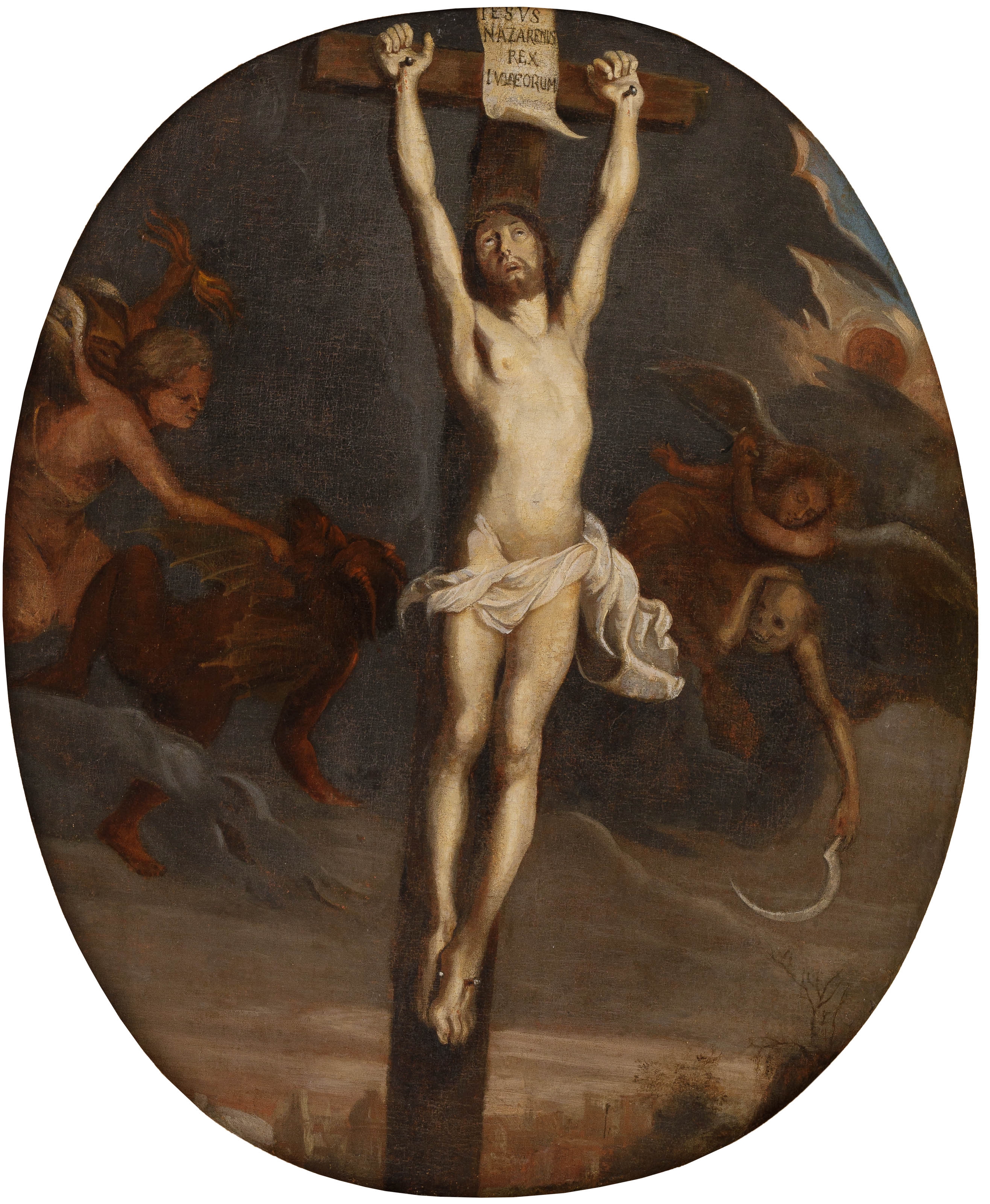 Christ on the cross surrounded by devilish figures