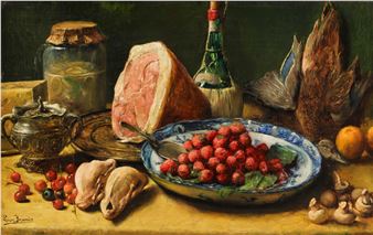 Still life with strawberries, ham, poultry, vegetables and fruit - Léon Brunin