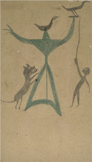 UNTITLED (BIRDS, DOG AND MAN WITH GREEN CONSTRUCTION by Bill Traylor