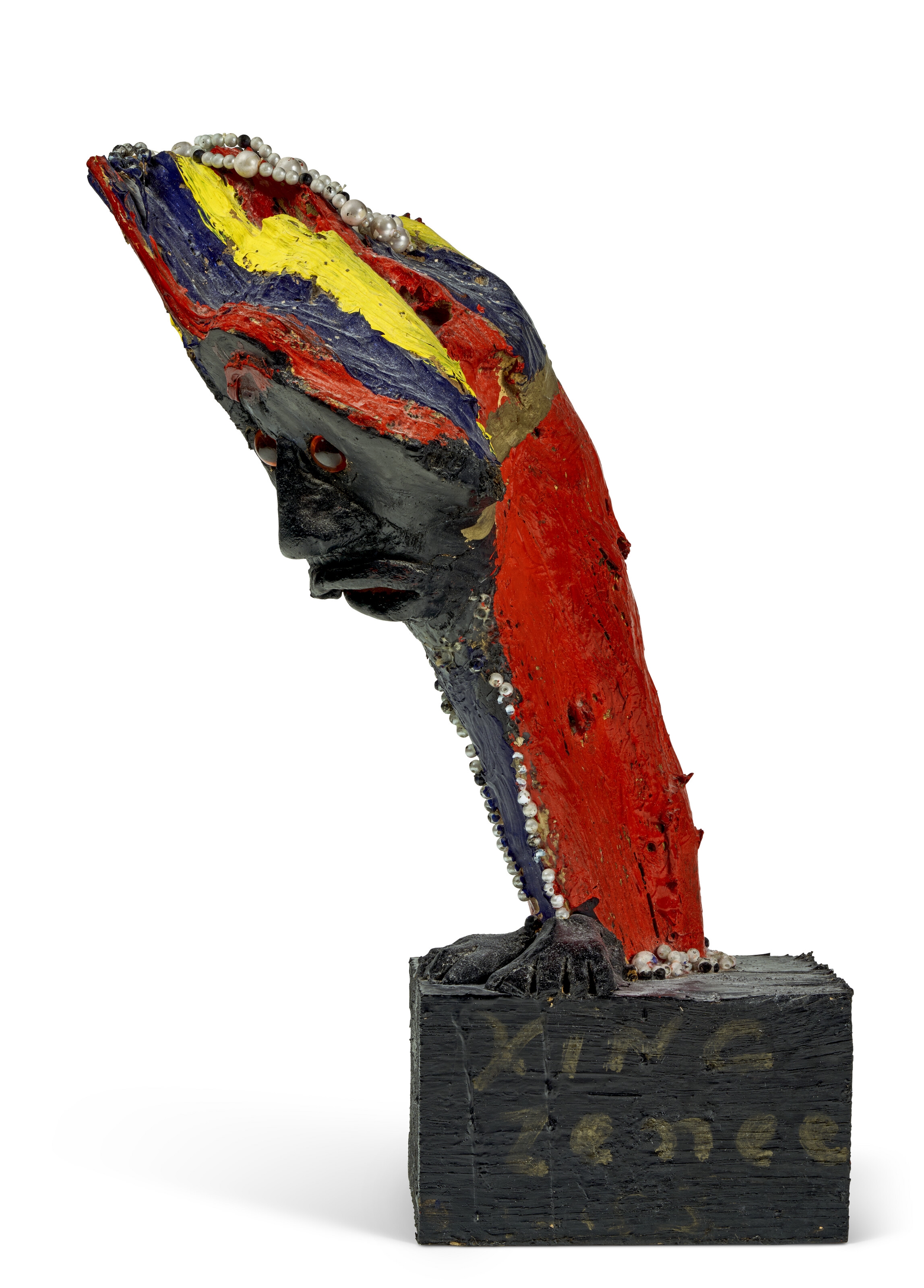 Artwork by Bessie Harvey, KING ZEENE, Made of paint, costume jewelry, wire, glitter and mixed media on wood