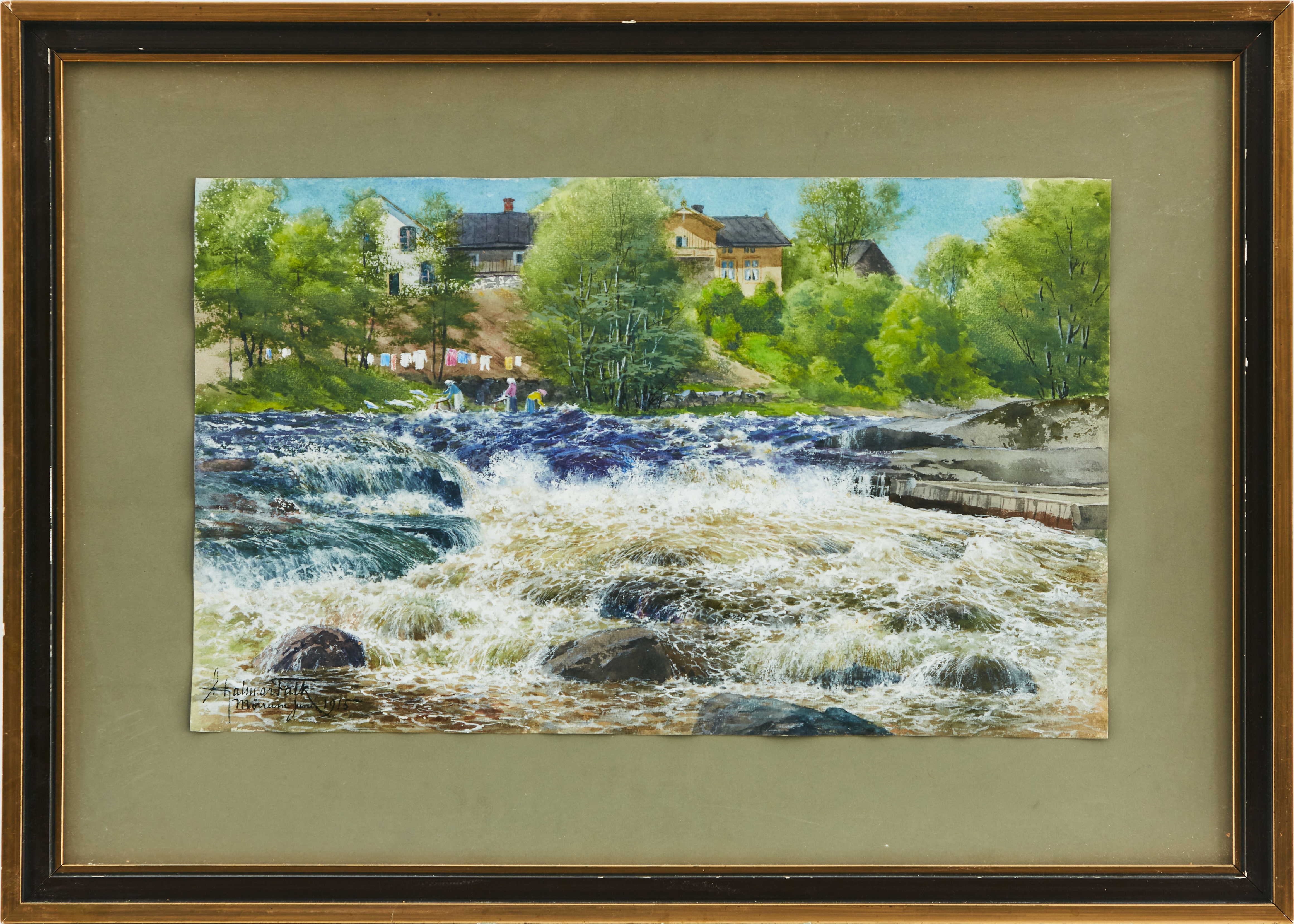 Artwork by Hjalmar Falk, Motiv med Mörrumsån, Made of watercolor