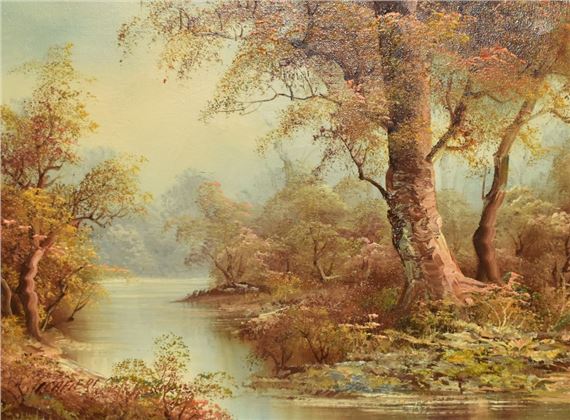 An autumnal woodland landscape with river to the by Irene Cafieri