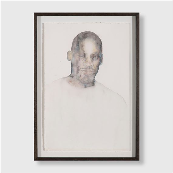 A monochromatic watercolor portrait of a bald figure with eyes closed, framed in dark wood.
