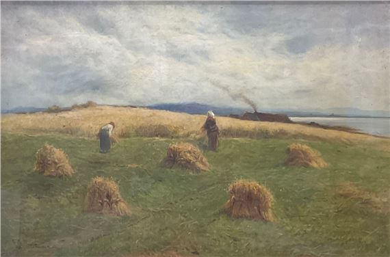 harvest scene with cottage and estuary by George Aikman, 19th century