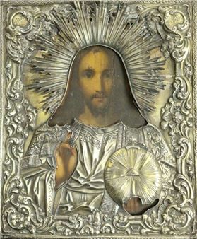 Oil on wood, in an 84 zolotniks (875 thousandths) vermeil oklad with engraved and repoussé decoration, the back sheathed in green velvet - Fedor Frolov