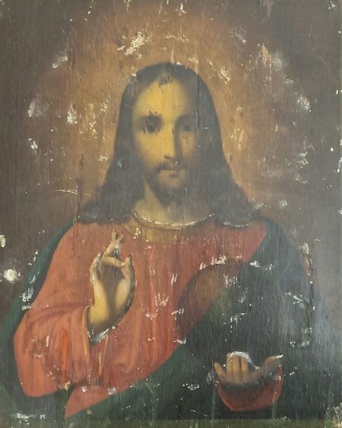 Artwork by Fedor Frolov, Oil on wood, in an 84 zolotniks (875 thousandths) vermeil oklad with engraved and repoussé decoration, the back sheathed in green velvet, Made of oil on wood