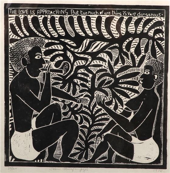 THE LOVE IS APPROACHING BUT TOO MUCH OF ANYTHING IS VERY DANGEROUS by John Ndevasia Muafangejo, dated 1974