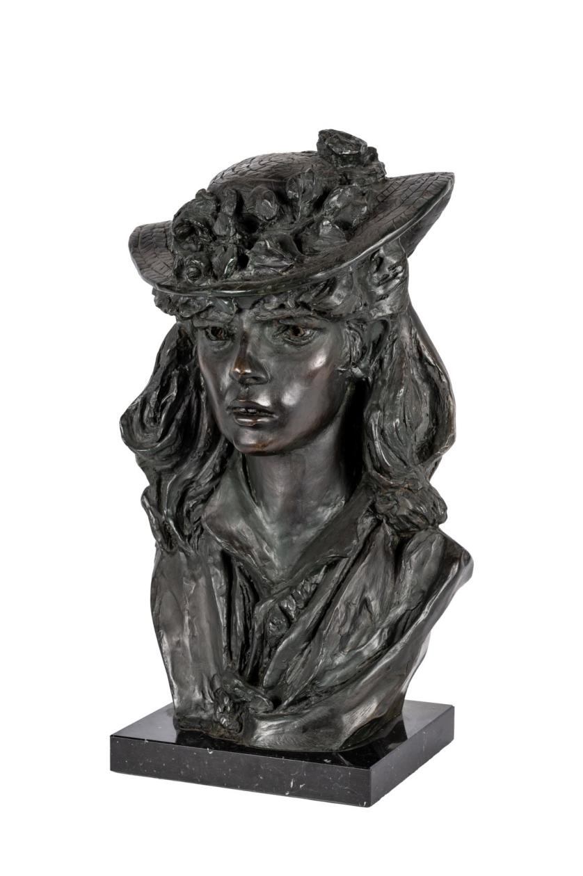 Artwork by Auguste Rodin, Jeune fille au chapeau fleuri (Rose Beuret), Made of resina patinada en bronce