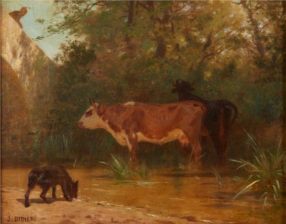 Two Cows and a Dog by the River by Jules Didier
