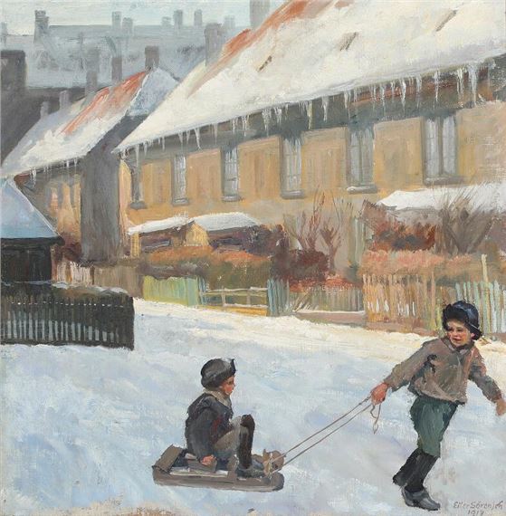 Two children sledging on a road by Eiler Sørensen, 1917