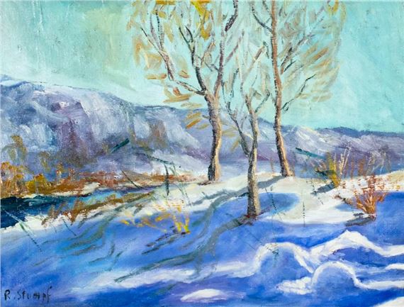A winter landscape painting featuring snow-covered ground, bare trees, and distant mountains under a pale sky.
