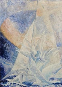 An large abstract seascape with a yacht and seagulls - Celeste Benitte