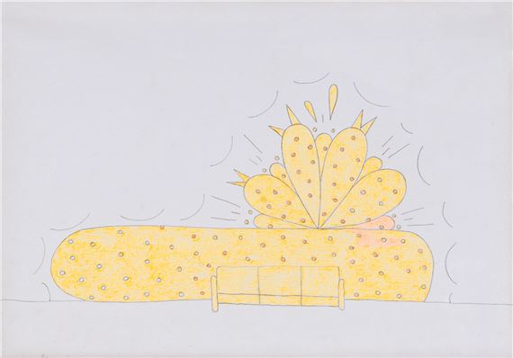 Fluo orange wallpainting and couch by Lilly van der Stocker, 2000