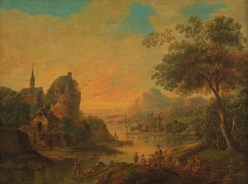 Hügelige Flusslandschaft mit Figurenstaffage - Johann Georg Schütz