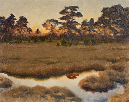 Artwork by Bruno Liljefors, Skymning vid en myr., Made of Olja på duk fäst på pannå