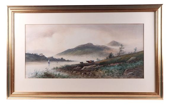 A framed landscape painting of a misty river scene with distant mountains and a lone figure on the water.