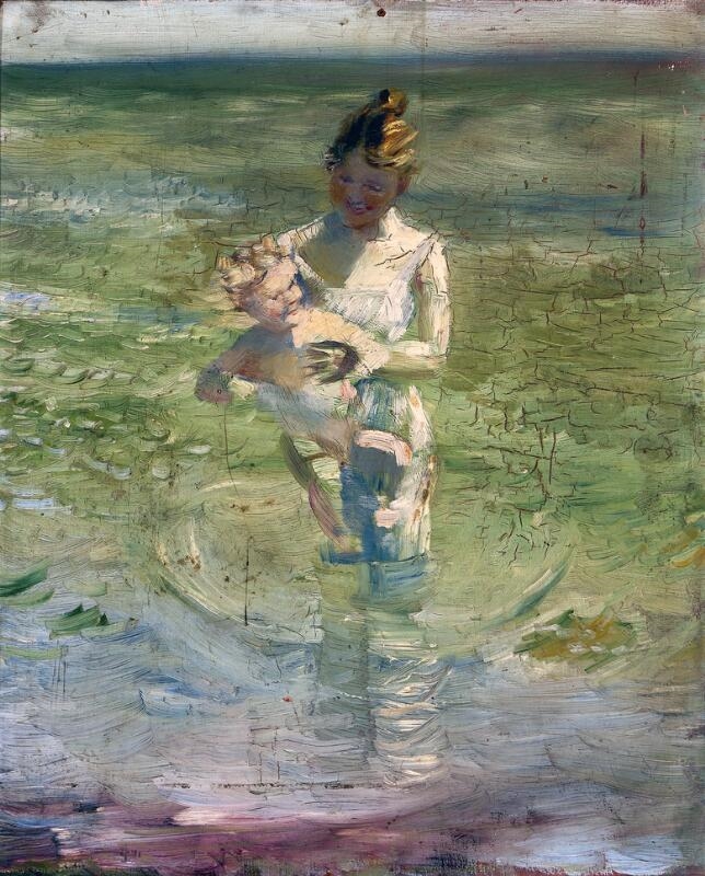 Study of a bathing woman carrying a child, presumably from Rügen, Germany - Christian Krohg
