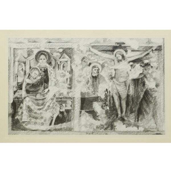 Artwork by Renato Molinarolo, Madonna Enthroned and Crucifixion, 1982, Made of lithography