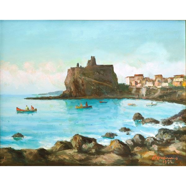 Artwork by Salvatore Bonanno, Aci Casetello bay with houses, 1972, Made of oil painting on canvas
