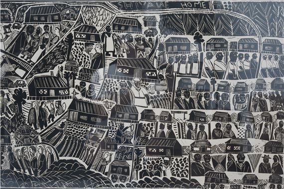 "Shiyane (Leave) Home by John Ndevasia Muafangejo, 1968