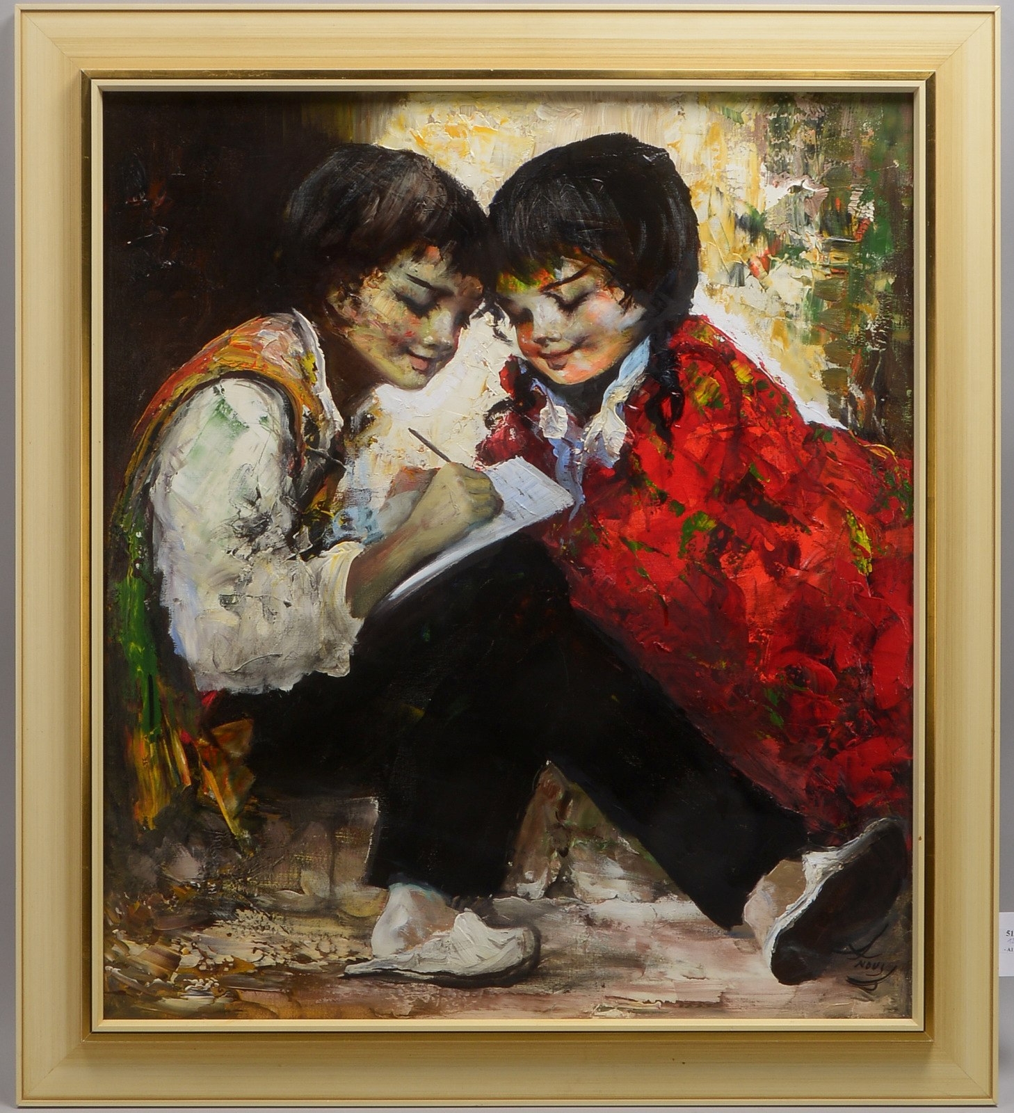 Artwork by Anoush Rahnavardkar, Geschwisterpaar beim Schreiben, Made of oil on canvas