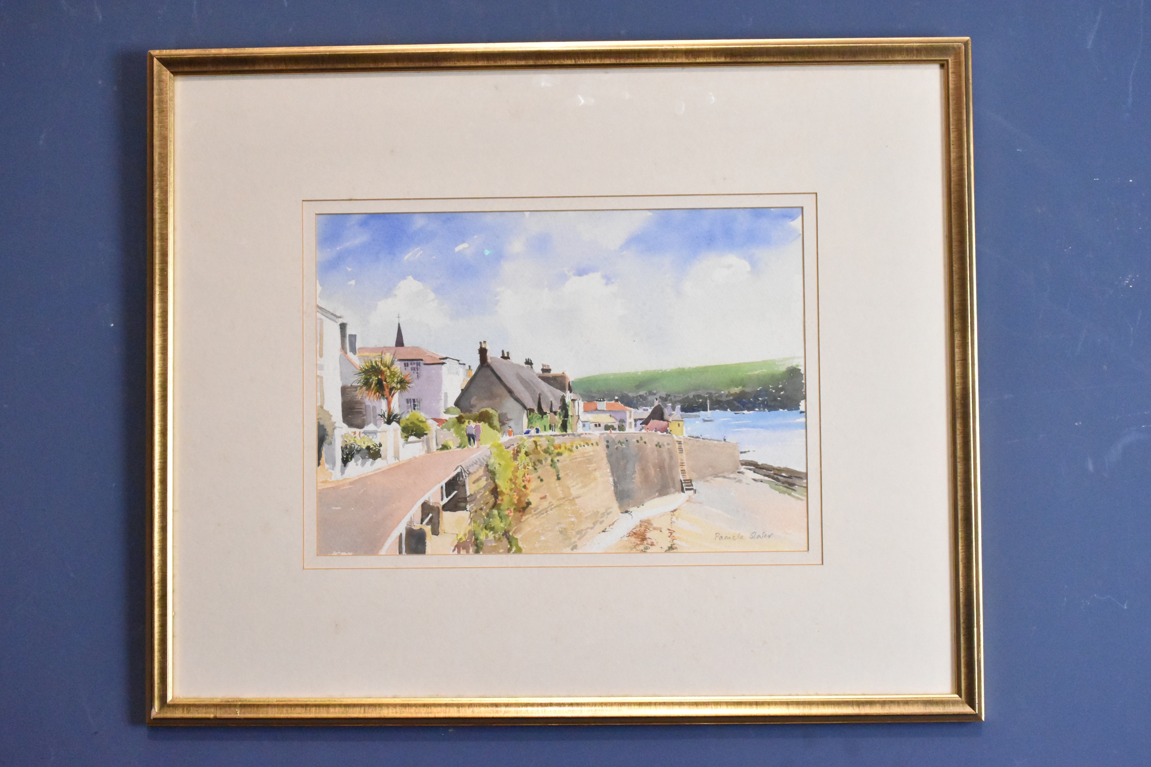 Artwork by Pamela Slater, figures beside coastal beach scene, Made of watercolour