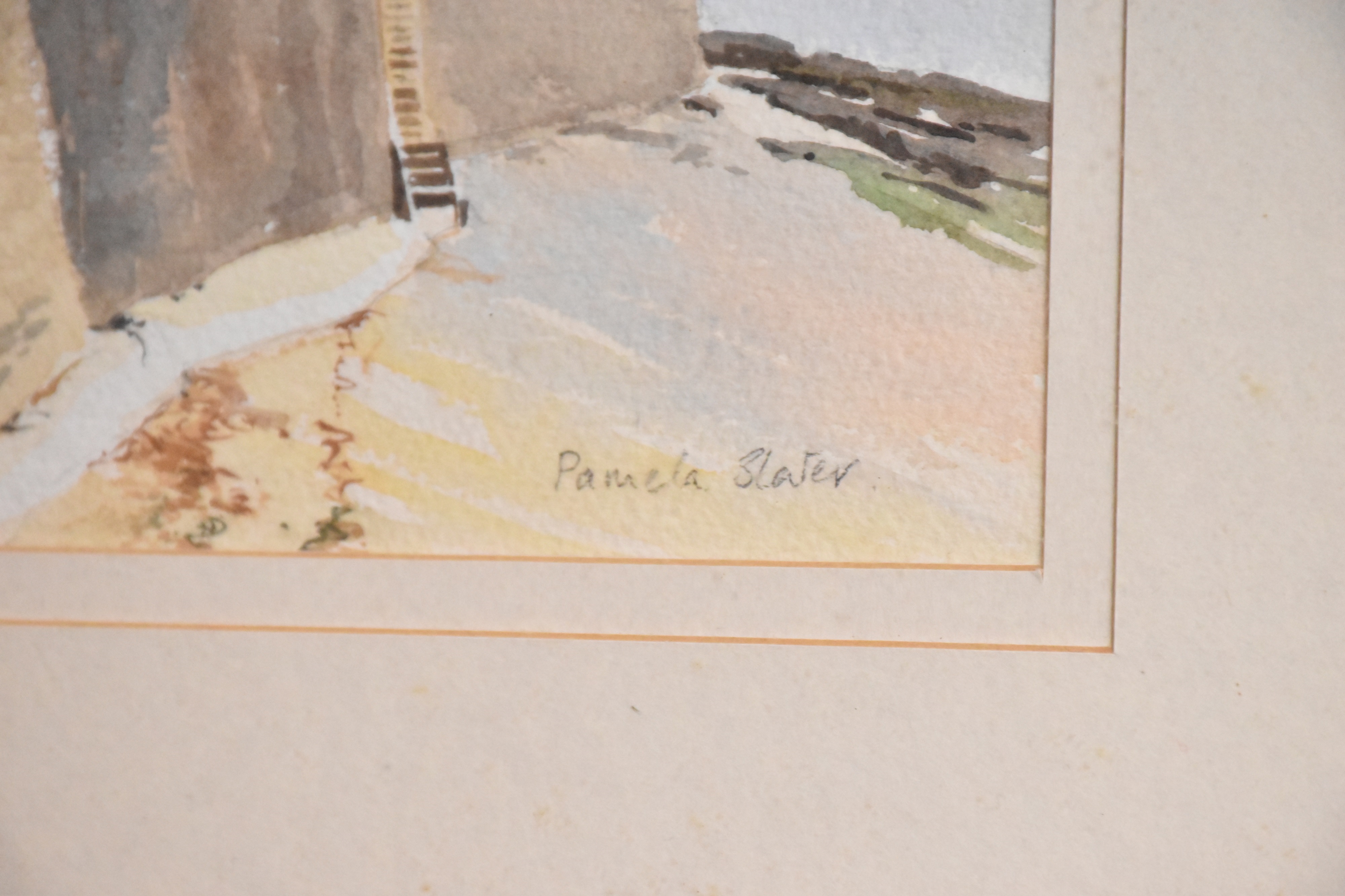 Artwork by Pamela Slater, figures beside coastal beach scene, Made of watercolour