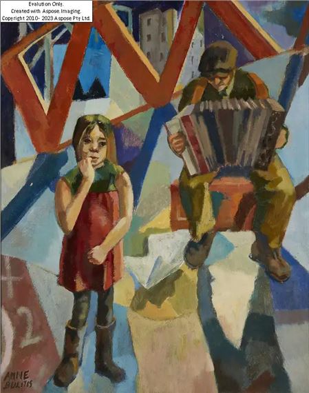 Girl and accordion player by Anne Bulitis, 20th century