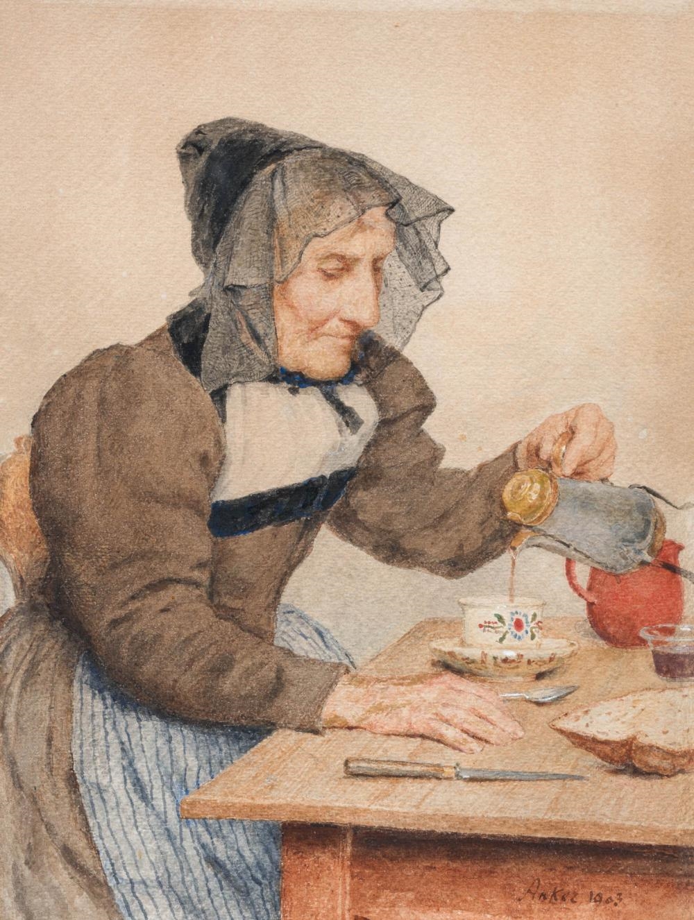 Seeländerbäuerin in Tracht beim Kaffee einschenken, 1903 by Albert Anker, 1903