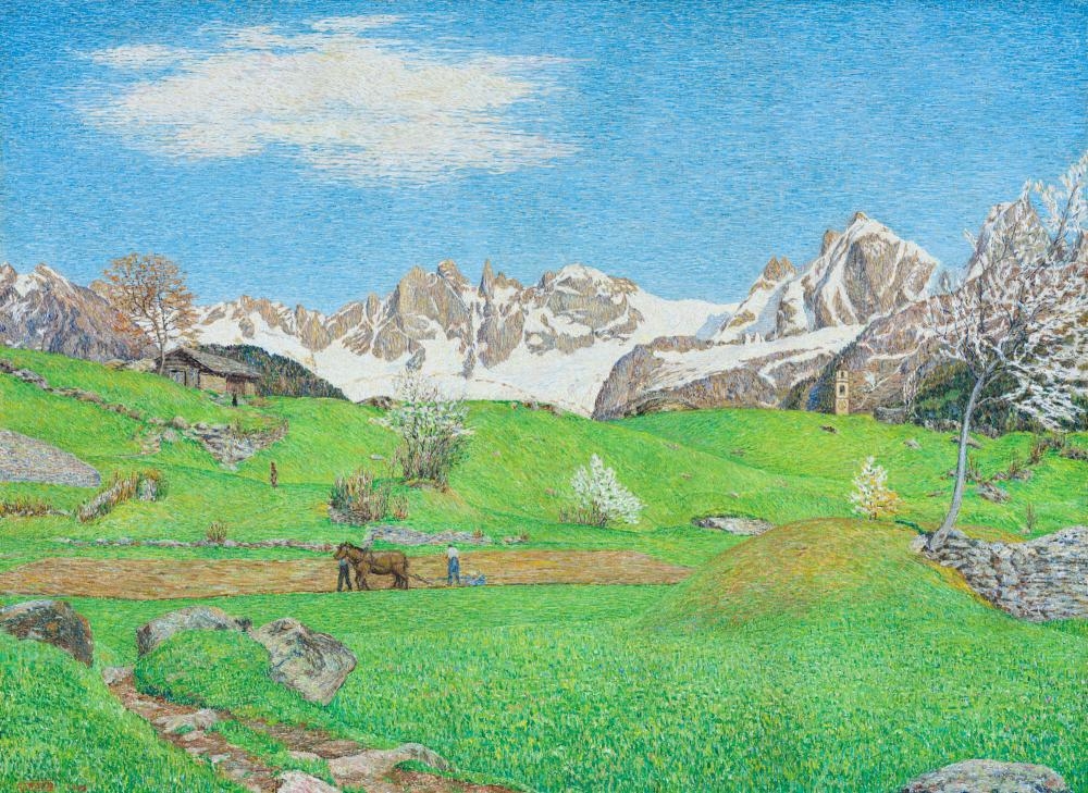 Artwork by Gottardo Segantini, Landschaft mit pflügenden Bauern, 1943, Made of Oil on hardboard