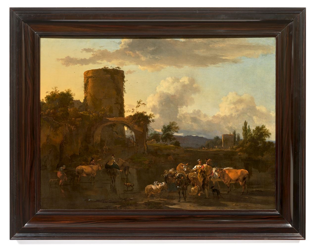 Nicolaes Berchem | Mediterranean landscape at sunset with herders and ...