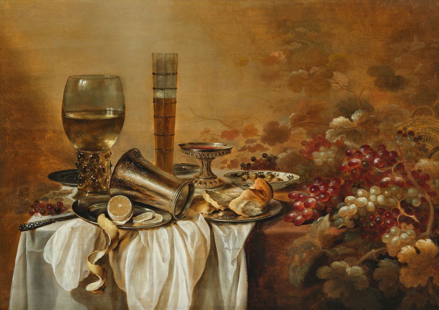Still life with Roemer, silver goblet, tazza, Chinese bowl, lemon, bread roll and grapes - Pieter Claesz