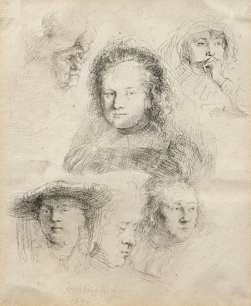 Study sheet of Saskia's head and five other heads by Rembrandt van Rijn, 1636